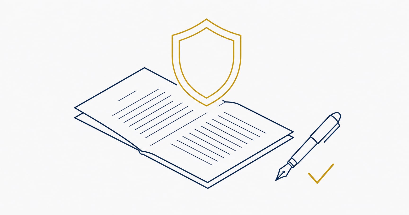 Illustrazione di un documento legale protetto da uno scudo dorato, con penna e segno di spunta - simbolo del parere legale preventivo